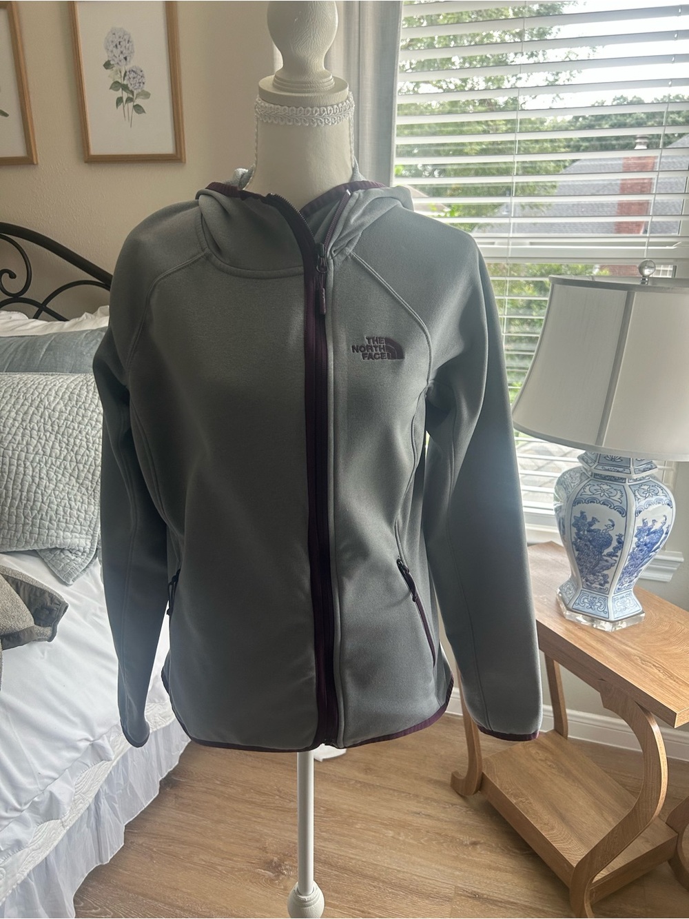 The North Face Women’s Gray Hooded Softshell Jacket with Plum Trim